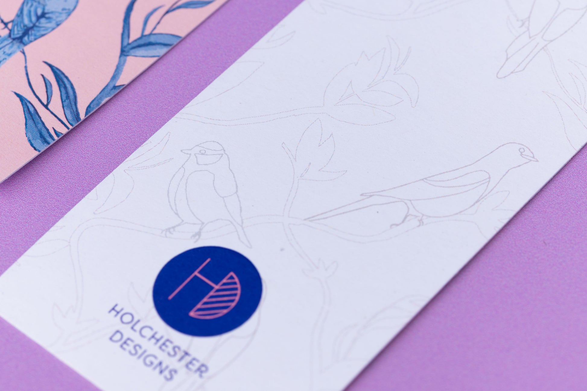 Close up of the monochrome side of the Brighton Birds bookmark with a white background and light grey line-drawing version of the illustration.  Next to is is an out of focus corner of the bookmark's other side.