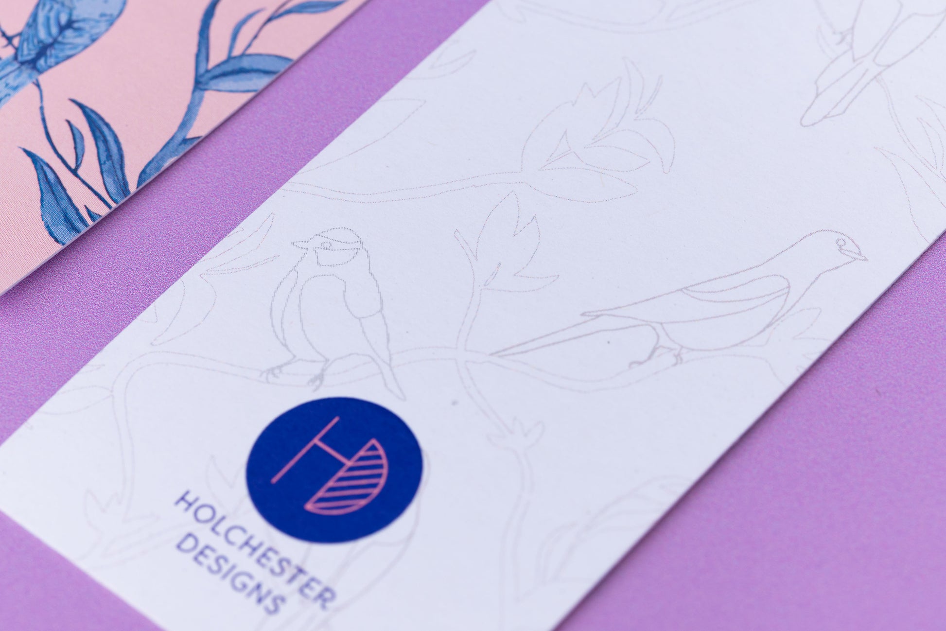 Close up of the monochrome side of the Brighton Birds bookmark with a white background and light grey line-drawing version of the illustration.  Next to is is an out of focus corner of the bookmark's other side. 