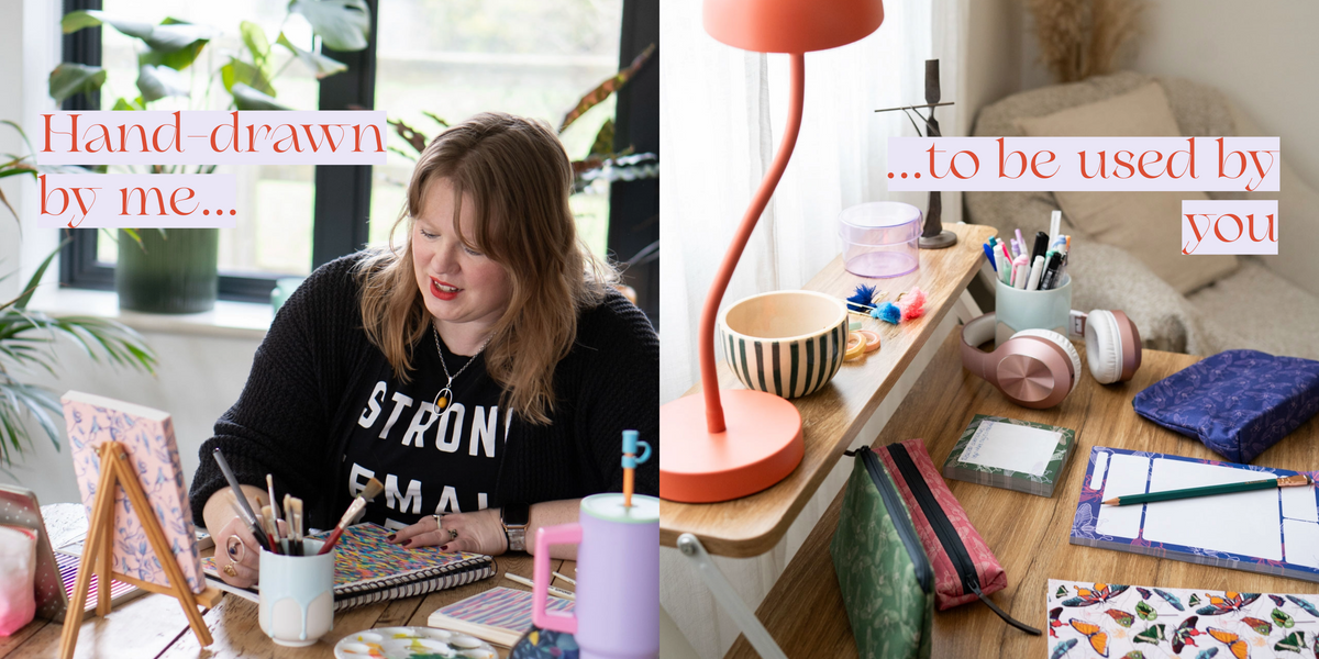 A split screen graphic.  On the left Rachel, a white woman in her early forties, is sat ata table drawing with the words 'Hand-drawn by me' shown over the image.  On the right is a desk set-up using various items of Holchester Designs statinoery with teh words 'to be used by you' over the image. 